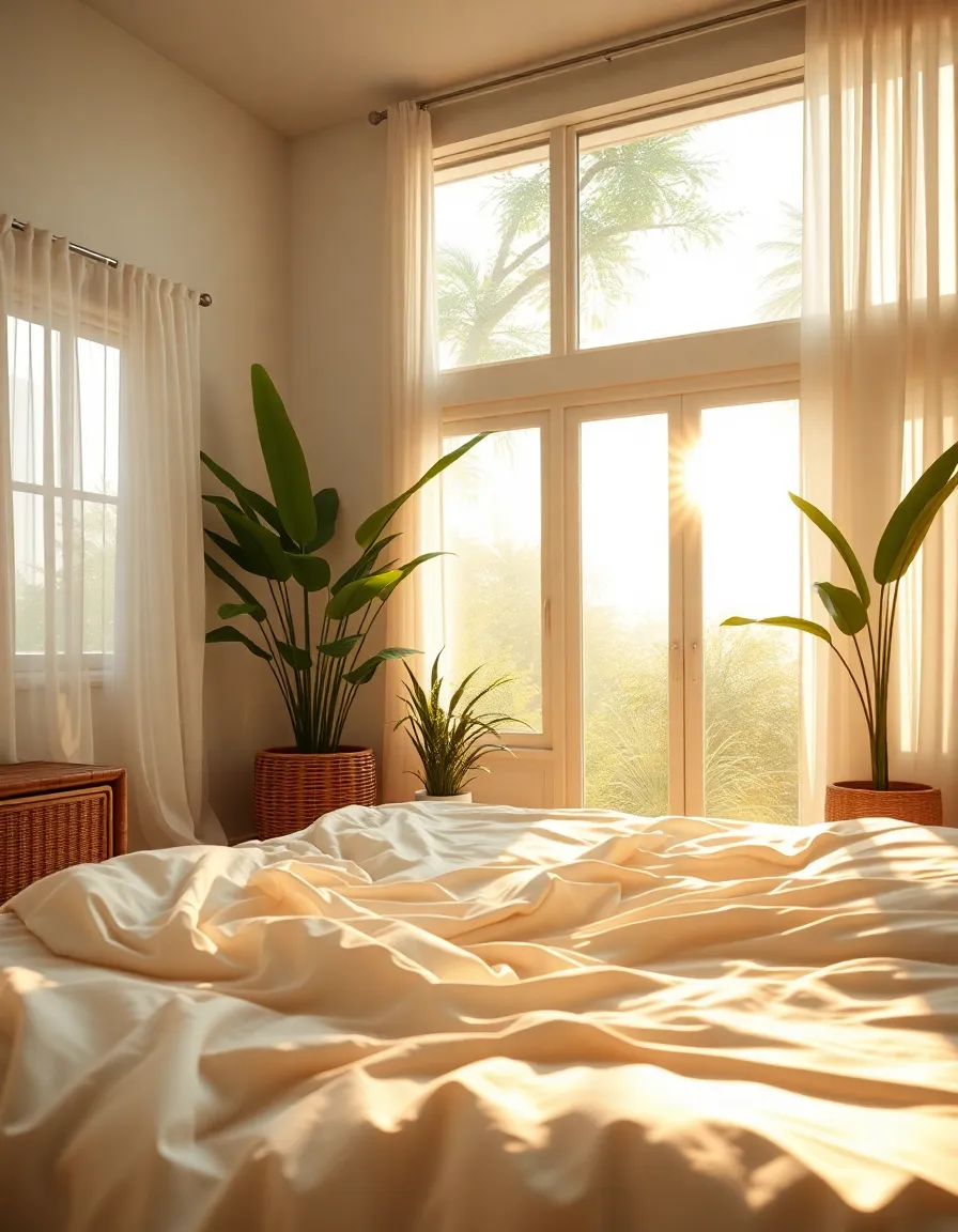 Photorealistic bright and airy bedroom interior, unmade bed with soft white rumpled bedding in the foreground, sheer curtains gently moving, wicker nightstand, lush green plants nearby, warm golden sunlight flooding through large windows and casting beautiful light patterns and god rays across the floor and bedding, serene tropical home atmosphere, high detail, photorealistic.