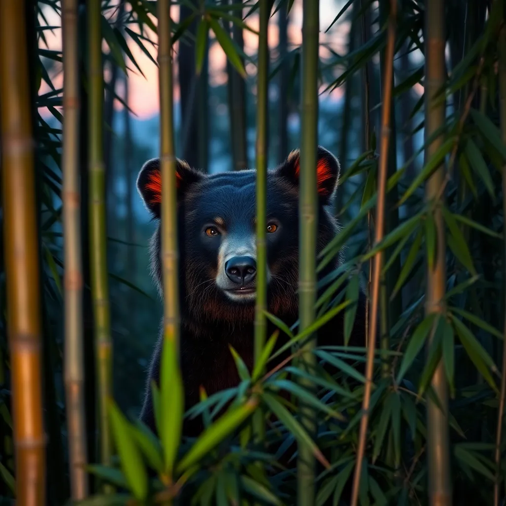 A bear with orange accents peers through dense bamboo in a twilight forest, with cinematic lighting and photorealistic style.