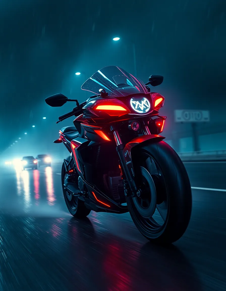 Cinematic shot of [Futuristic cyberpunk motorcycle with transparent fairings glowing red neon details racing on rainy nighttime highway], dense volumetric fog, glowing red neon accents and light trails, glossy reflective surfaces, cool desaturated blue-gray palette with vibrant red highlights, dramatic cinematic lighting, dynamic motion blur, sleek metallic and translucent materials, moody atmospheric depth