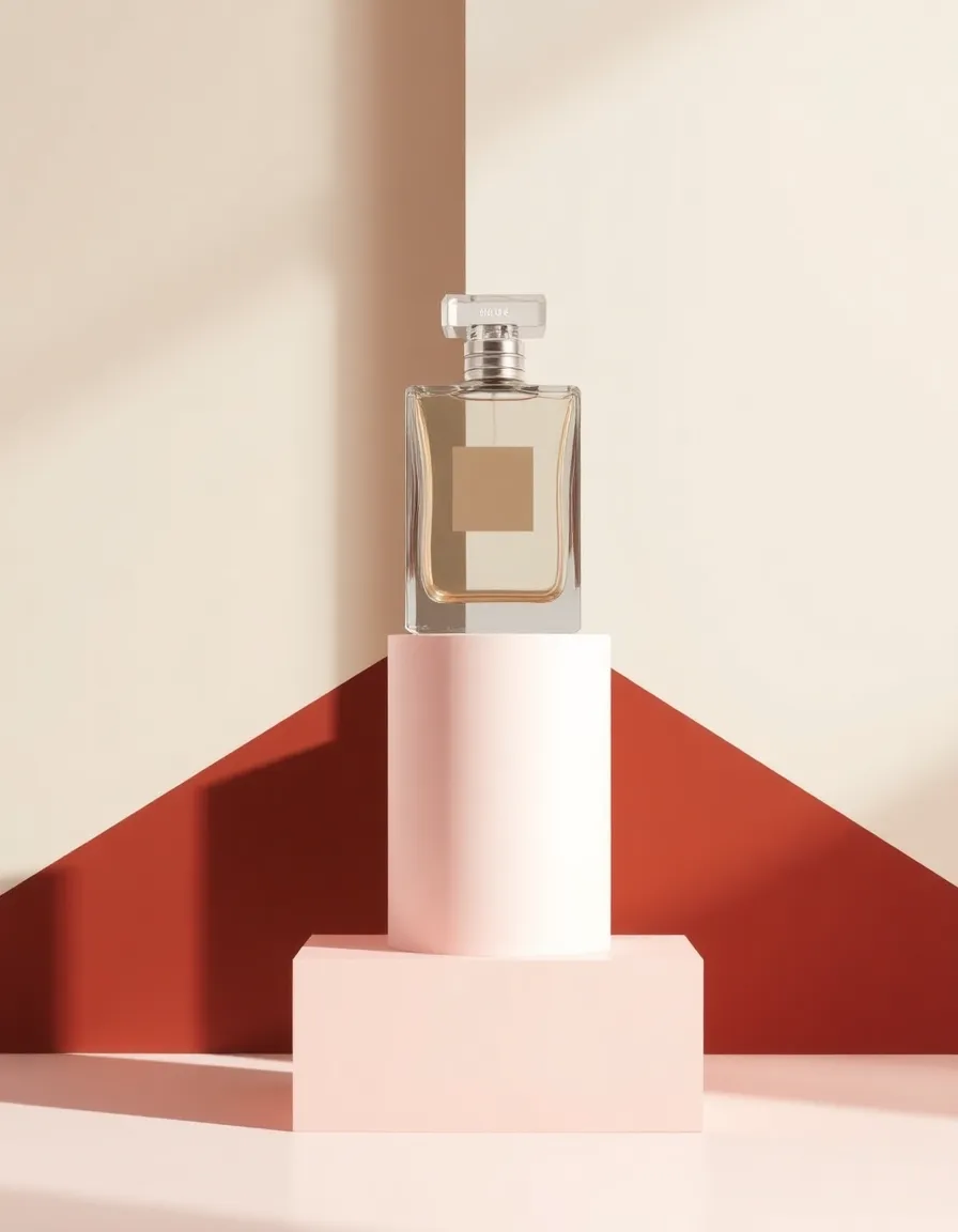 A glass perfume bottle on a pedestal, in a geometric, minimalistic style with complementary colors and stark lighting.