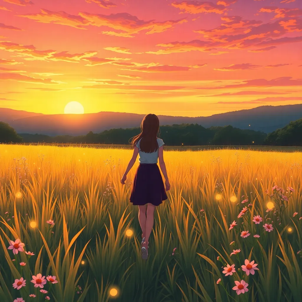 A vibrant anime-style sunset paints the sky in hues of gold and pink over a serene Japanese countryside. A young couple walks hand in hand through a field of tall, swaying grass dotted with wildflowers, their silhouettes softened by the warm glow. Fireflies begin to rise around them as the day fades into twilight, capturing a fleeting moment of quiet romance.