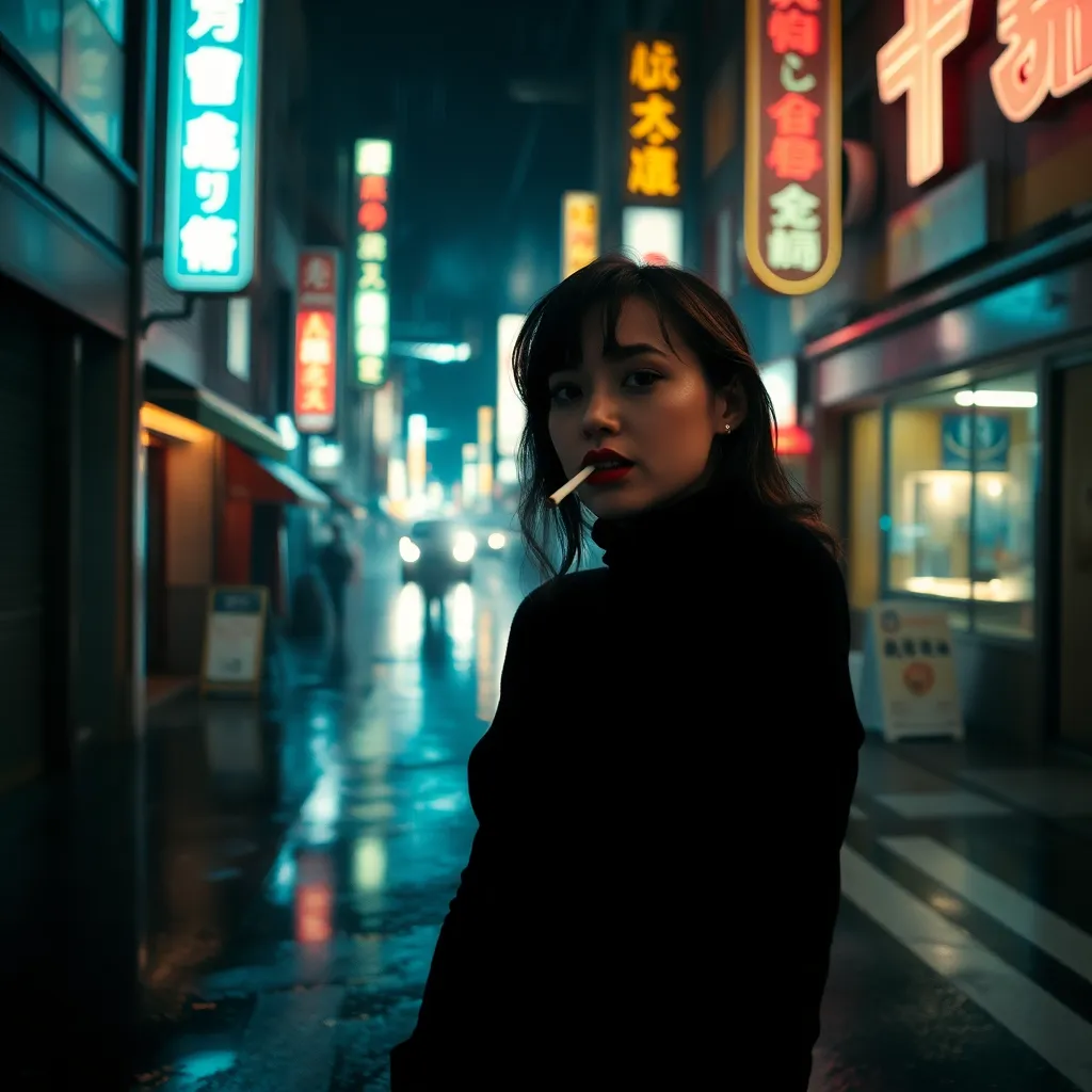 a woman in a black turtleneck and red lipstick, lit only by neon signage in a rainy Tokyo alley at night, reflections in puddles, smoke curling from a cigarette, moody atmosphere, Blade Runner color palette, anamorphic lens flare, cinematic still, 21:9
