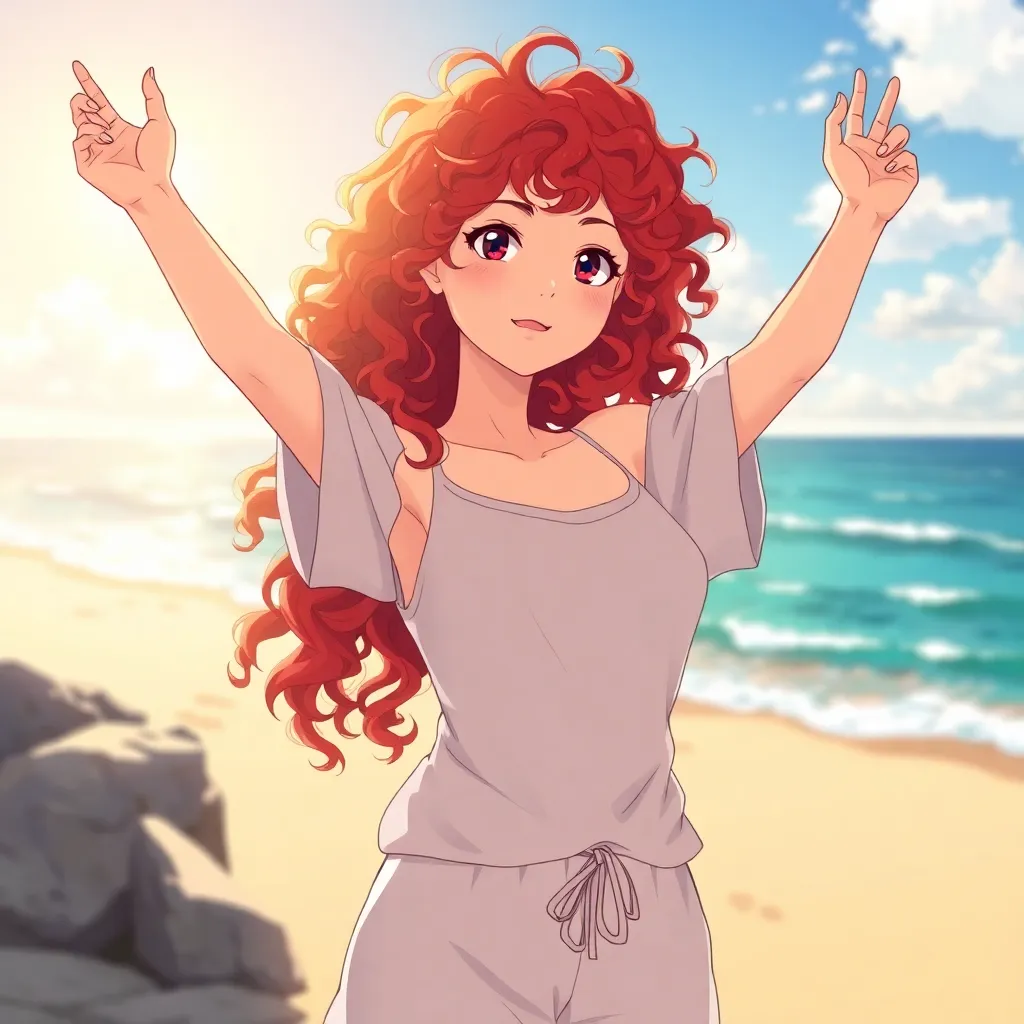 young woman with curly red hair standing with arms raised, sunlit beach background, anime art style, full body