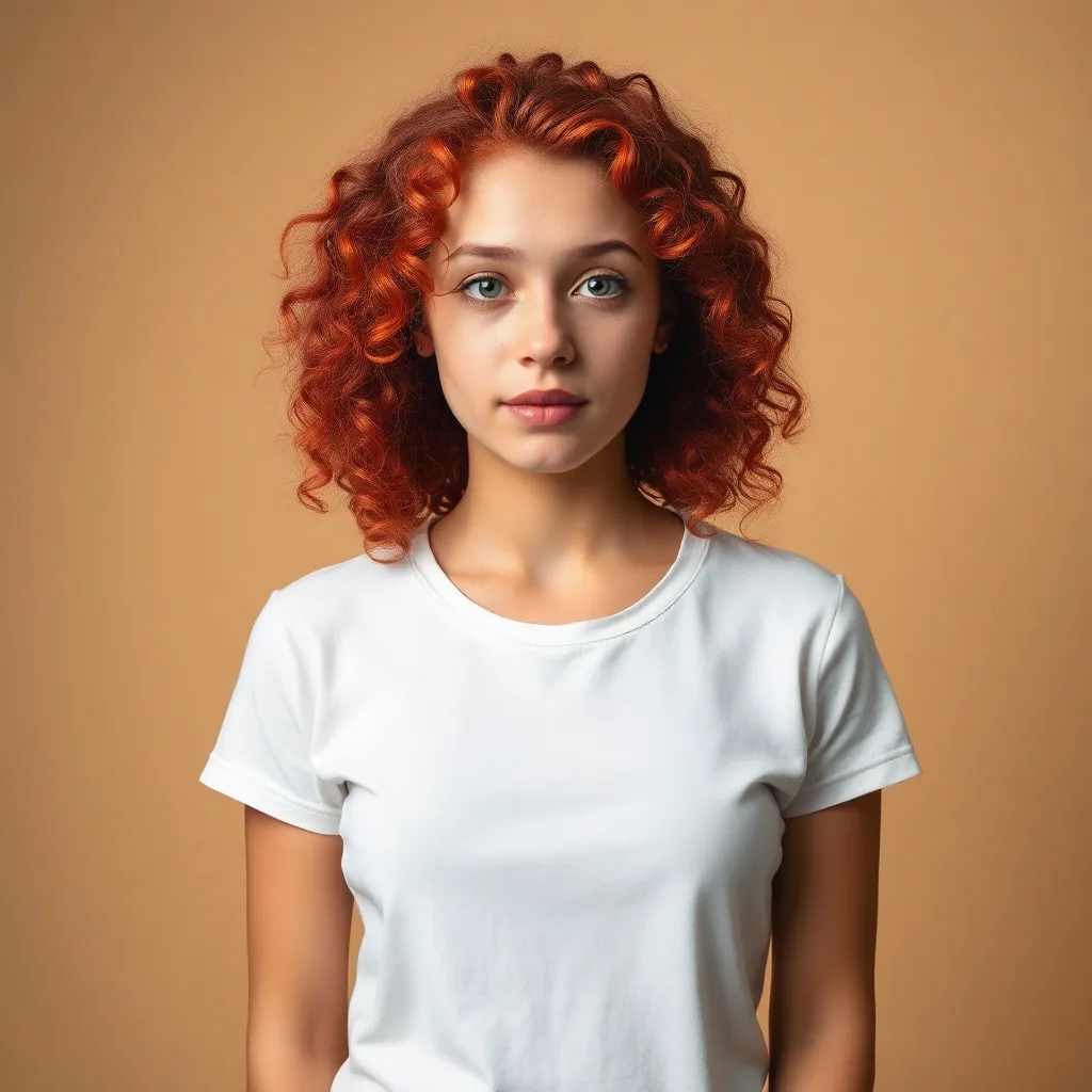 studio portrait photograph of a young woman with curly red hair, white t-shirt, plain pastel beige background, sharp focus, photorealistic