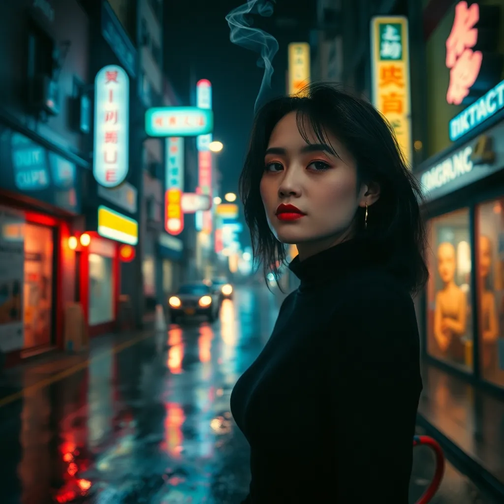 a woman in a black turtleneck and red lipstick, lit only by neon signage in a rainy Tokyo alley at night, reflections in puddles, smoke curling from a cigarette, moody atmosphere, Blade Runner color palette, anamorphic lens flare, cinematic still, 21:9, remove cigarate